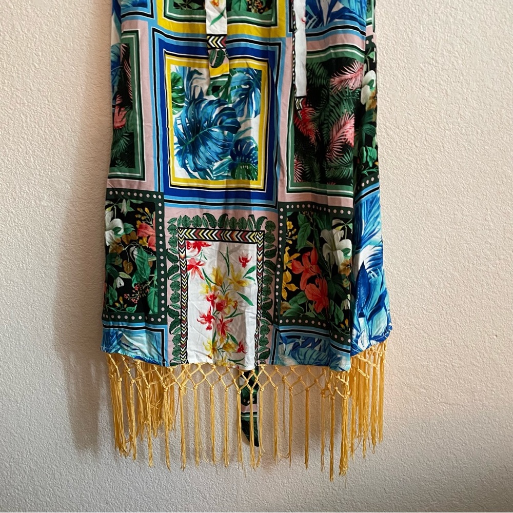 NWT Boston Proper Patchwork Fringe Wrap Dress Tropical Halter - Picture 9 of 10